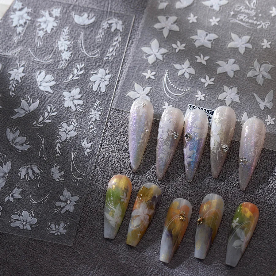 Pure White Lily Petals Flower Butterfly Branch Leaves Line Minimalist Self Adhesive Nail Art Decorations Sticker Manicure Decals (ONLINE ORDER ONLY)