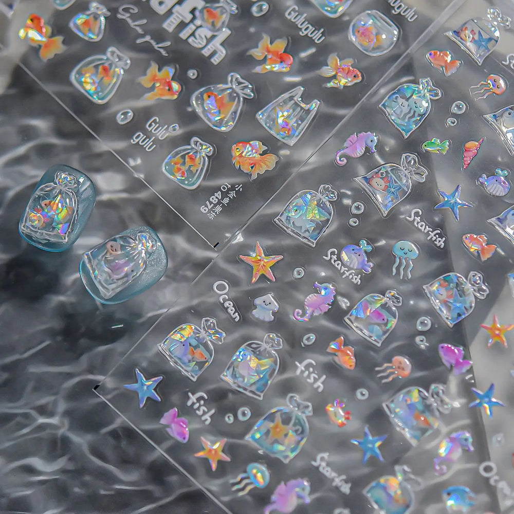 Sackful Starfish Goldfish Jellyfish Seahorse Bubbles Conch Ocean Whale Brocaded Carp Adhesive Nail Art Stickers Manicure Decals (ONLINE ORDER ONLY)