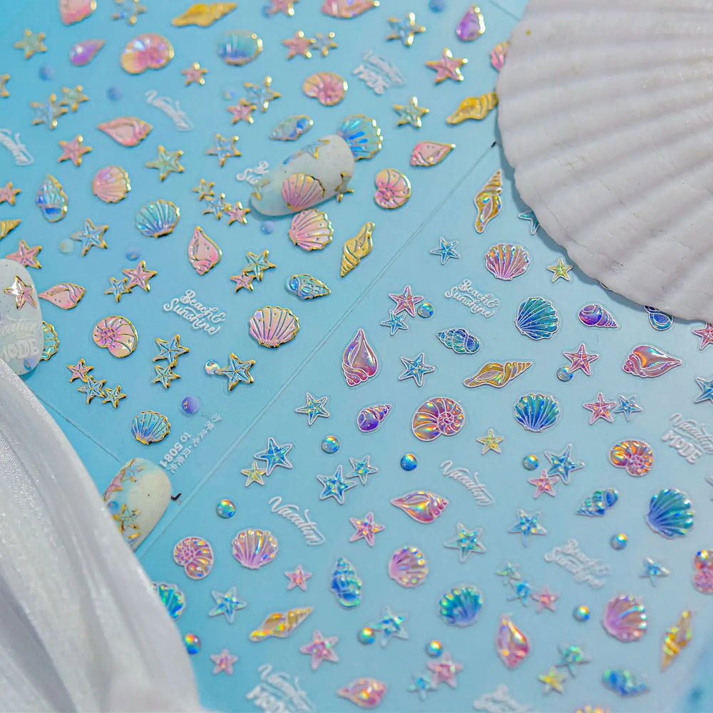 Shiny Colourful Marine Shell Starfish Ocean Elements Star Water Bubbles Star Conch Underwater Nail Art Stickers Manicure Decals (ONLINE ORDER ONLY)