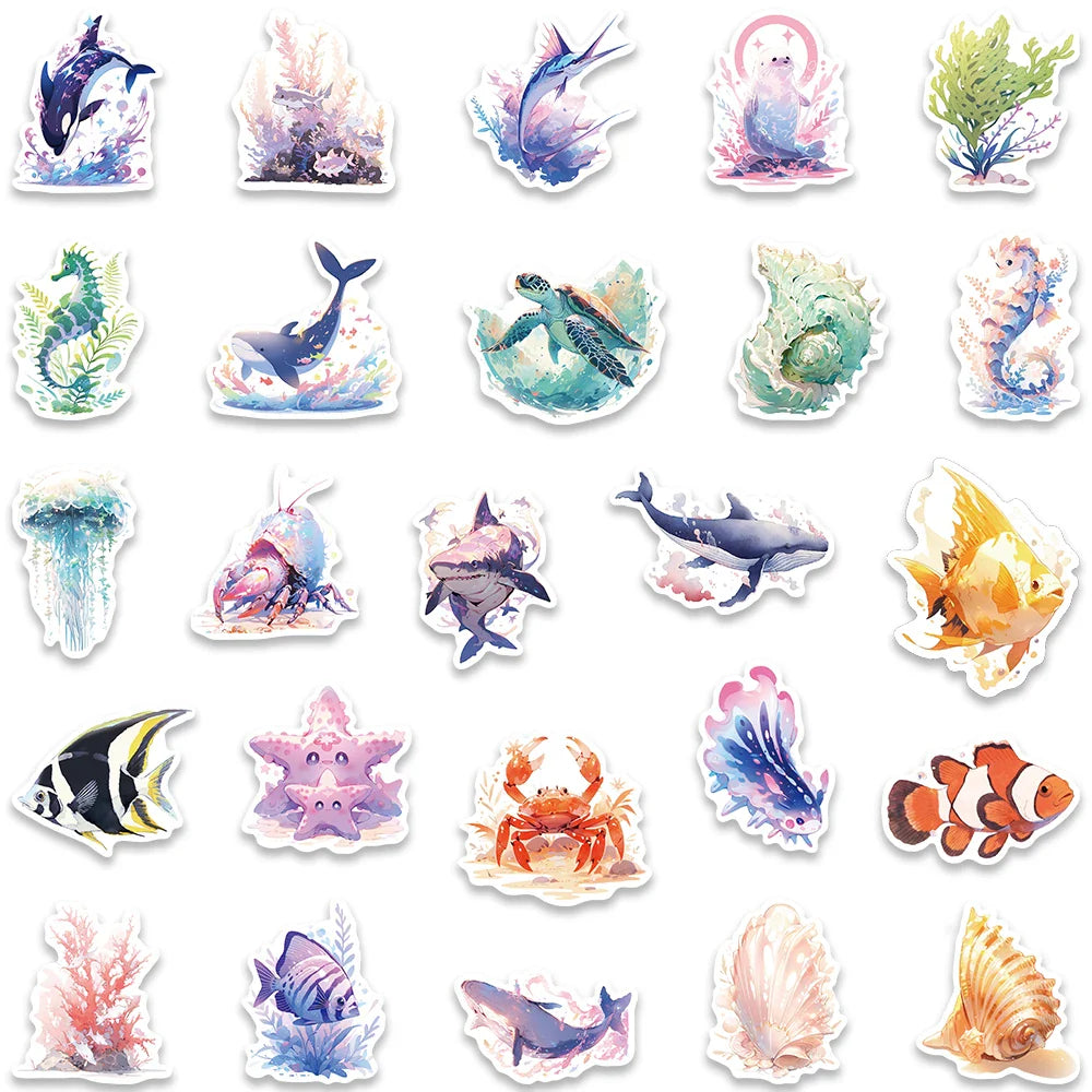 50pcs Cute Cartoon Marine Organism Stickers Vinyl Laptop Water Bottle Decals Luggage Guitar Skateboard Waterproof Graffiti (ONLINE ORDER ONLY)