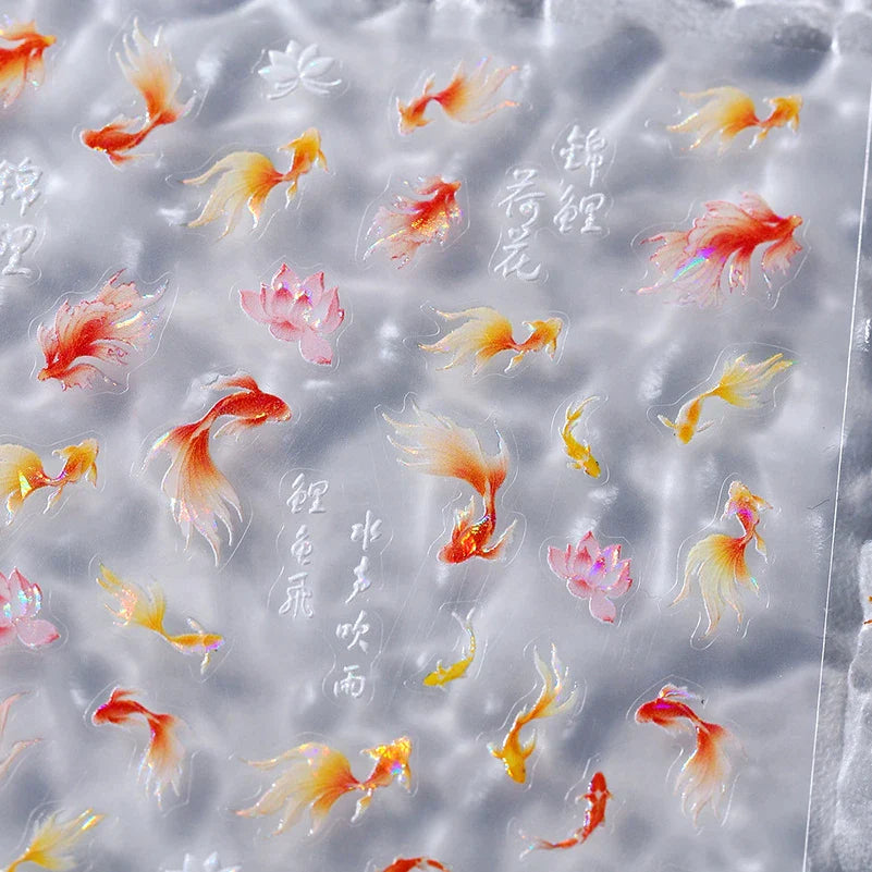 Pink Lotus Flower Red Gold Koi Carp Fish Tail Fancy Carp Self Adhesive Nail Art Decorations Stickers Manicure Decals Wholesale (ONLINE ORDER ONLY)