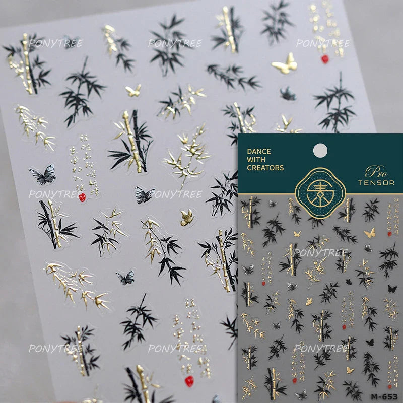 Antique Vigorous Pink Green Bamboo Leaf Robust Plant 5D Soft Relief Adhesive Nail Art Stickers Bouncing Leaves Manicure Decals (ONLINE ORDER ONLY)