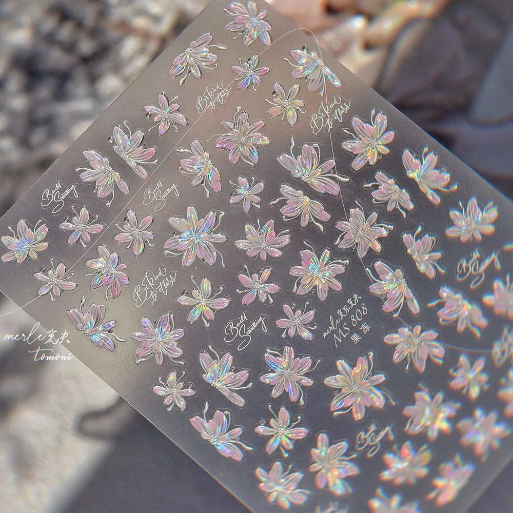 White Pink Flower Dreamy Romantic Petal Jelly Shiny Peach Blossom Polarized Light Delicate Nail Art Stickers 5D Manicure Decals (ONLINE ORDER ONLY)