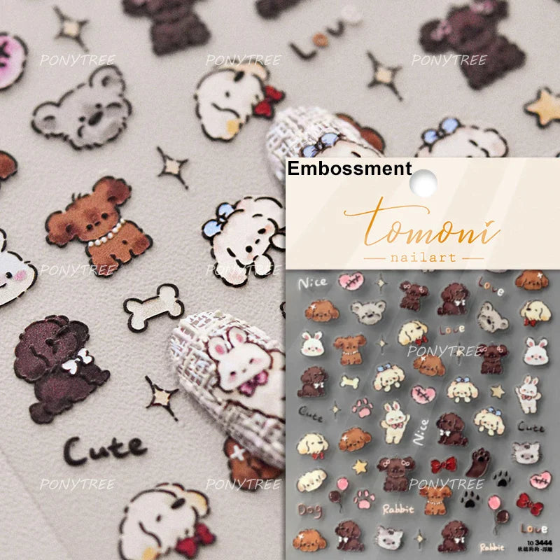 Dyeing Apple Cherry Fruit Dog Puppy Bowknot Colorful Cartoon Graffiti Reliefs Adhesive Nail Art Stickers Flowers Manicure Decals (ONLINE ORDER ONLY)
