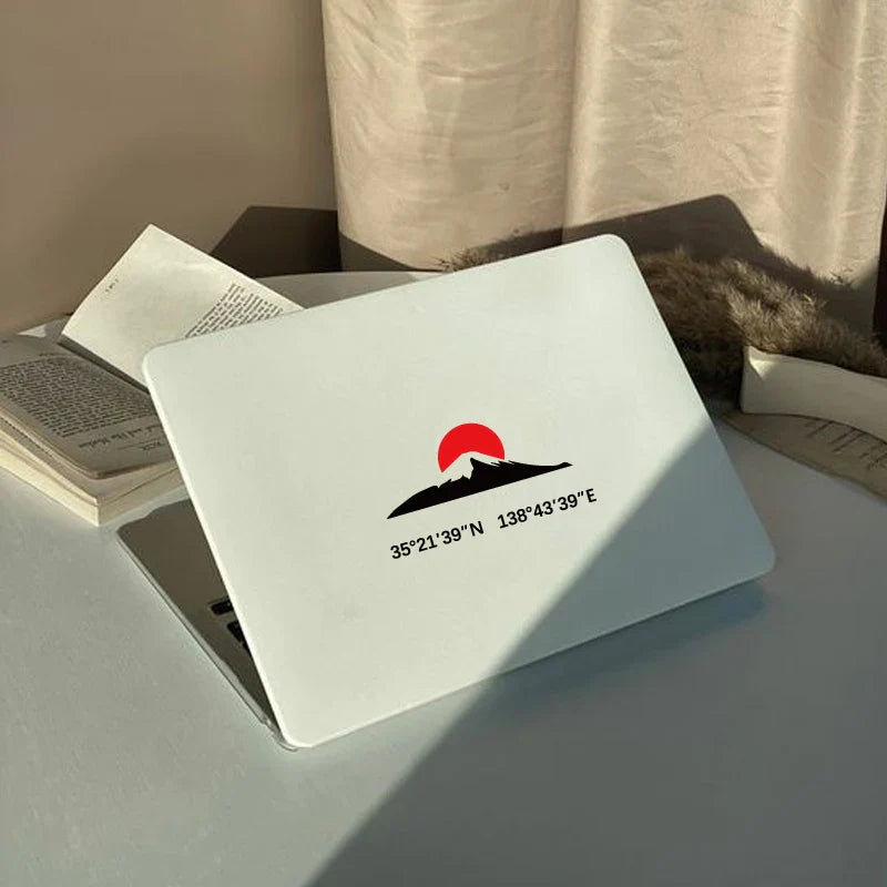 The rising red sun and Mount Fuji Stickers with its longitude and latitude decal,creative&fashion decal for car  laptop (ONLINE ORDER ONLY)
