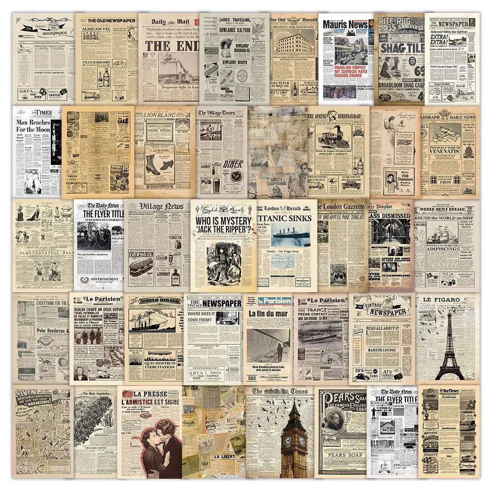 10/30/60PCS Retro Magazine Stickers Poster Aesthetic Notebook Stationery Phone Guitar Waterproof Vintage Newspaper Decals Toy (Online Order Only)