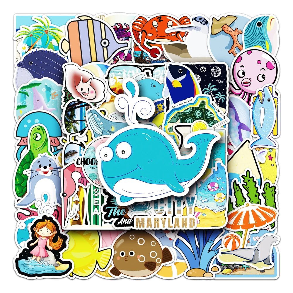 50Pcs Ocean Cartoon Waterproof Vinyl Stickers for Skateboard Snowboard (Online Order Only)