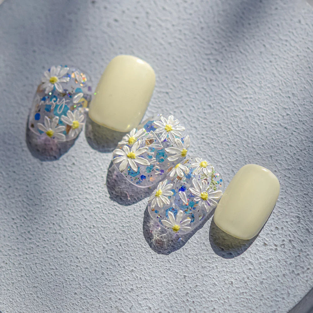 Cute Beige Yellow Pristine Fresh Daisy Flower 5D Shiny Soft Embossed Relief Charm Self Adhesive Nail Art Stickers Manicure Decal (ONLINE ORDER ONLY)