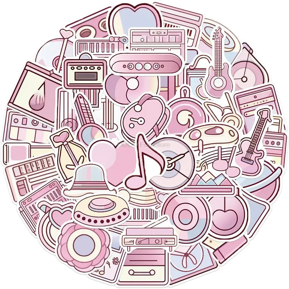 Cartoon Pink Music Instrument Stickers Decals for Skateboard Guitar Laptop Phone Bike (Online Order Only)