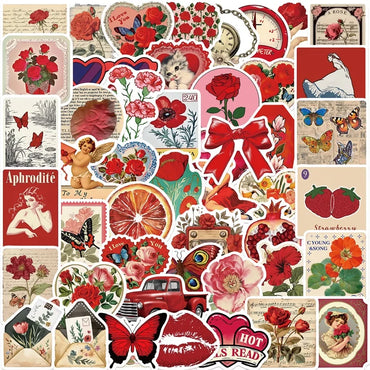 10/30/50PCS Vintage Red Sticky PVC Sticker Aesthetic Children's Stationery DIY Decoration Scrapbooking School Supplies (ONLINE ORDER ONLY)