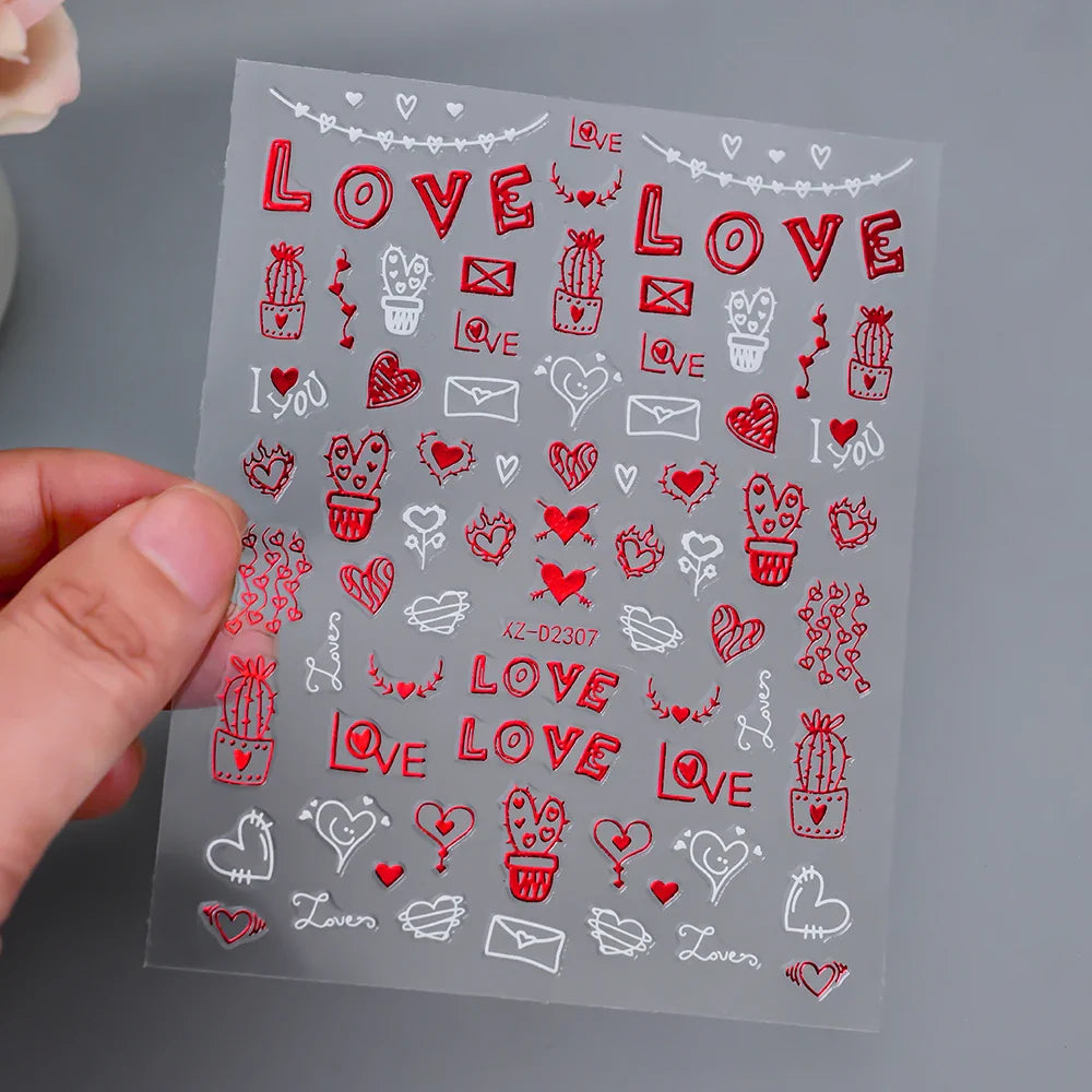 1PC Holographic Laser Heart Nail Stickers-3D Self-Adhesive Golden White Valentines Day Nail Decals For Women Nail Art Decoration (ONLINE ORDER ONLY)