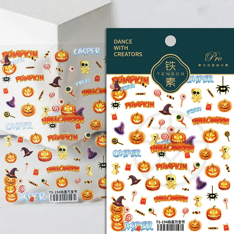 Halloween Ghost Pumpkin Bat Coffin Cat Spider Demon Jelly Self Adhesive Nail Art Sticker Terrifying Candy Candle Manicure Decals (ONLINE ORDER ONLY)