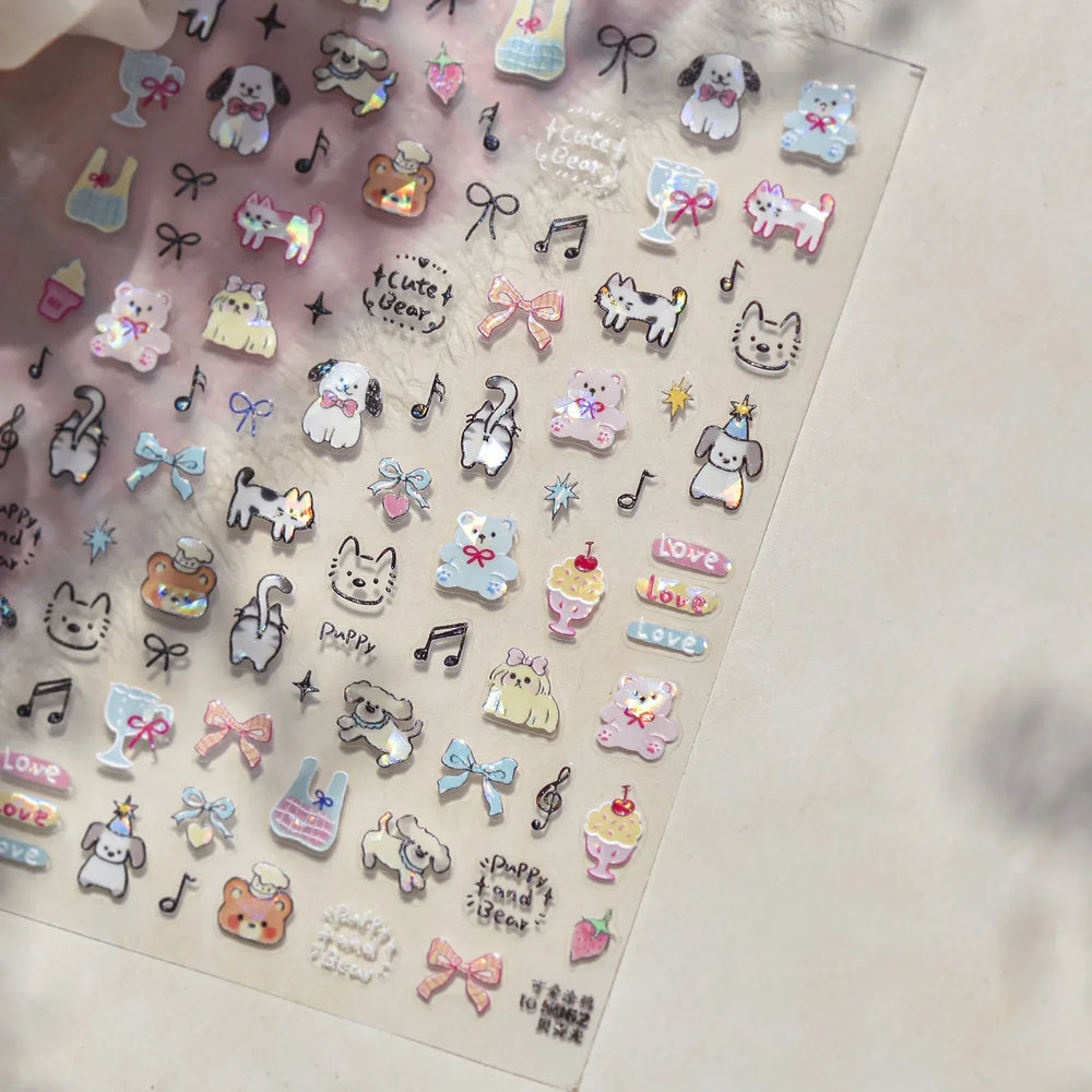 Lovely Animals Cat Dog Bear Party Puppy Kitten Cake Bowknot Flower Love Heart Lace Gird Adhesive Nail Art Sticker Manicure Decal (ONLINE ORDER ONLY)