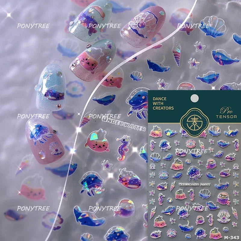 Shiny Colourful Marine Shell Starfish Ocean Elements Star Water Bubbles Star Conch Underwater Nail Art Stickers Manicure Decals (ONLINE ORDER ONLY)