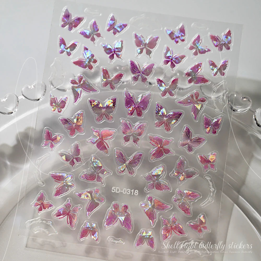 1pc Aurora Butterfly Nail Stickers Pink Butterfly Shell Light Beam Angel Wings Sliders Fairy Light & Lively Translucent Nail Dec (ONLINE ORDER ONLY)