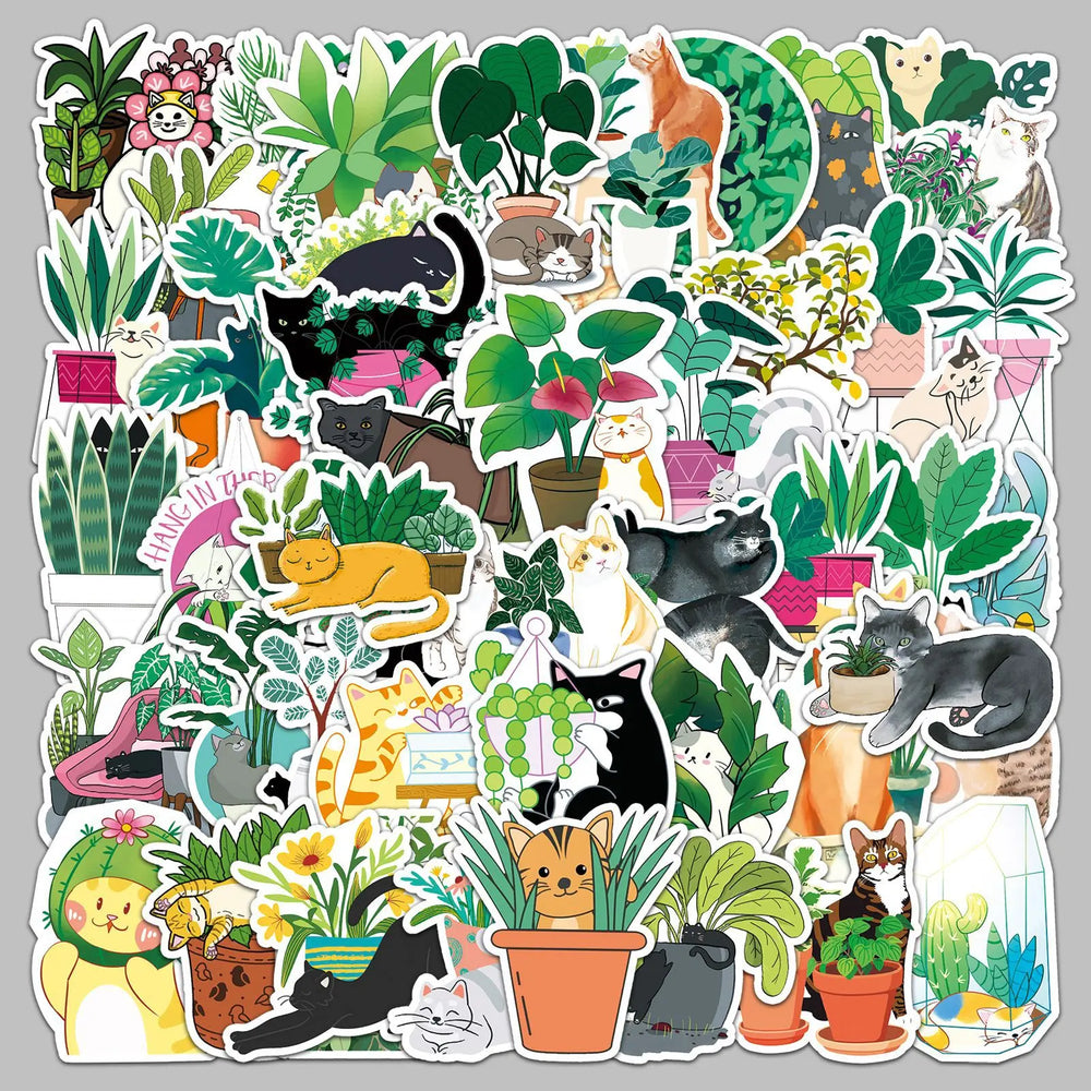 50pcs Cute Cat & Plant Cartoon Stickers for Helmet, Wall, DIY Decoration (Online Order Only)