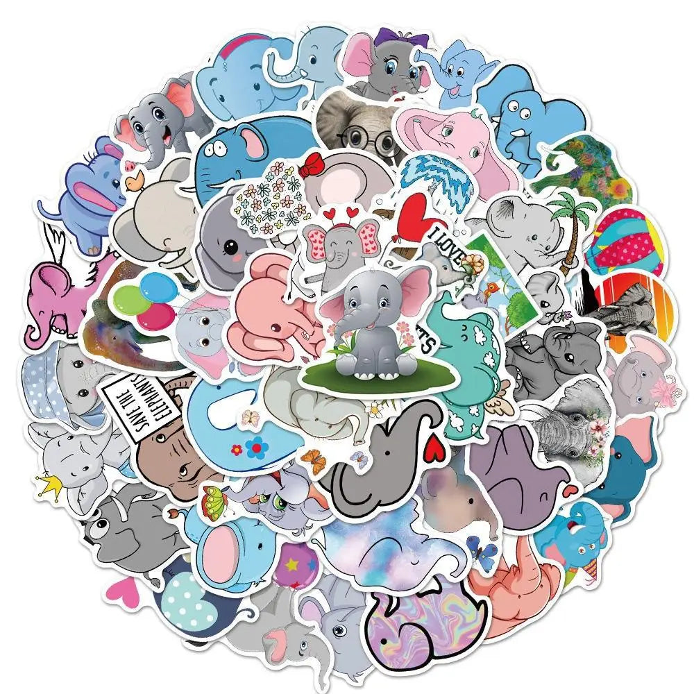 Cute Elephant Cartoon Stickers for Laptop, Motorcycle, Luggage, Snowboard, Fridge (10/30/50 Pcs) (ONLINE ORDER ONLY)