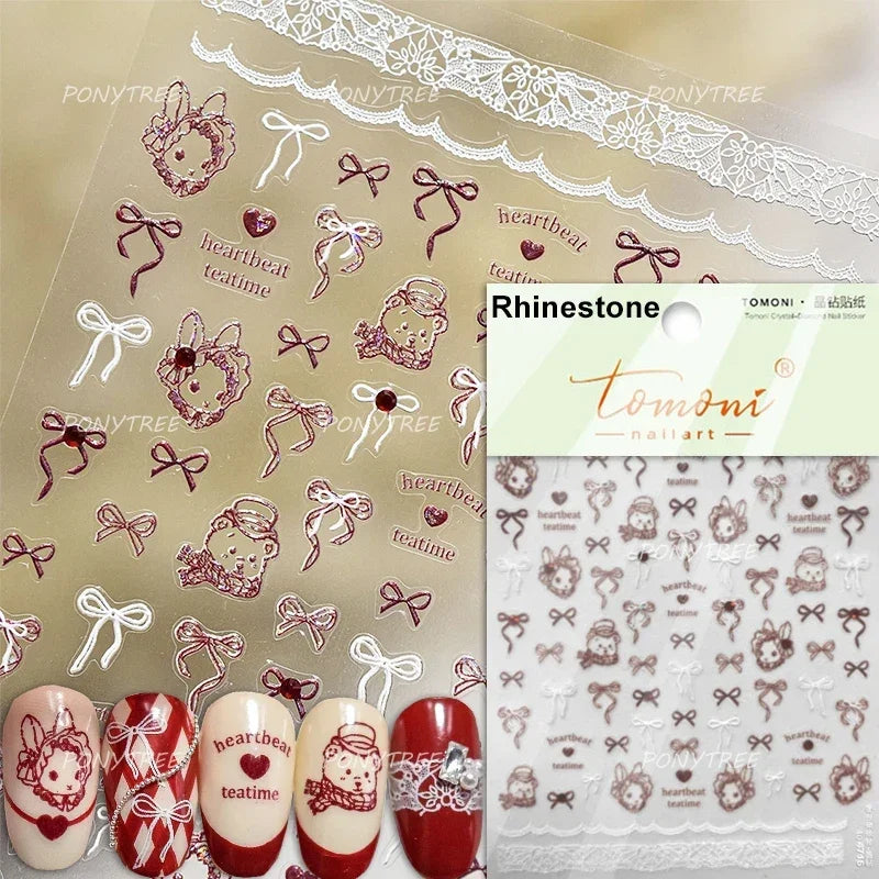 Colourful Tender Bowknot Embossment Shiny Tie Delicate Elegant 3D 5D Self Adhesive Nail Art Stickers Rhinestone Manicure Decals (ONLINE ORDER ONLY)