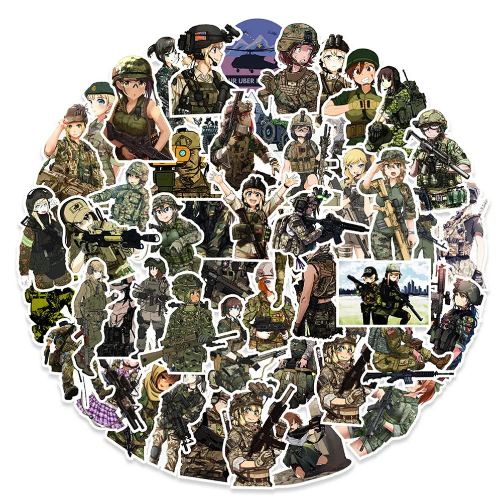 10/30/50pcs Anime Camouflage Female Military Uniform Girls Stickers Laptop Motorcycle Skateboard Phone Wall Sticker Kids Toys (ONLINE ORDER ONLY)