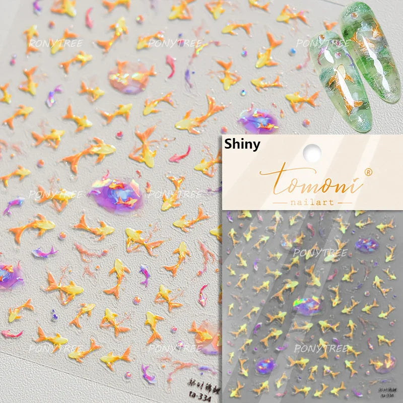 Lotus Leaf Brocaded Carp Koi Playing Goldfish Cavort Ripple Droplet Water Bubbles Self Adhesive Nail Art Stickers Manicure Decal (Online Order Only)