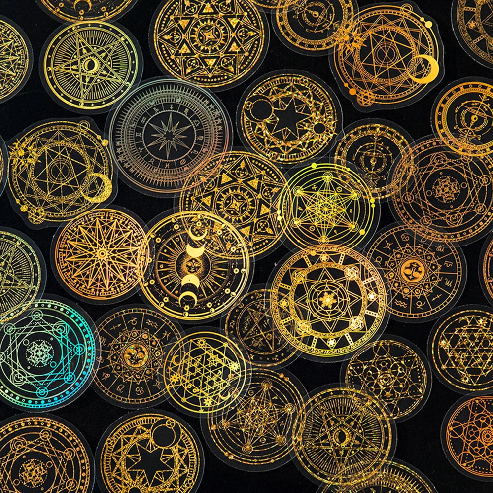 45PCS Holographic Gold Cartoon Stickers Butterfly Astrology Fireworks Guitar Car Decals (Online Order Only)