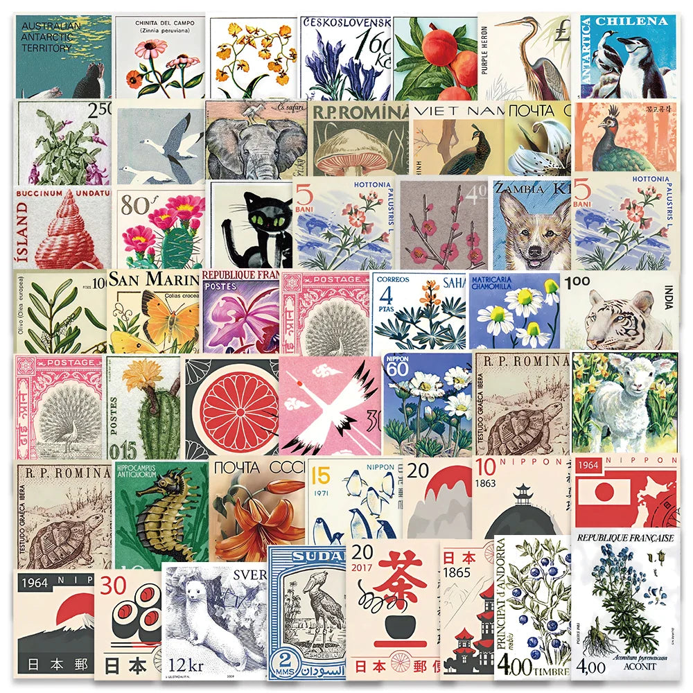 50PCS Vintage Animal Cat Flower Stickers Scrapbook DIY Decals (Online Order Only)