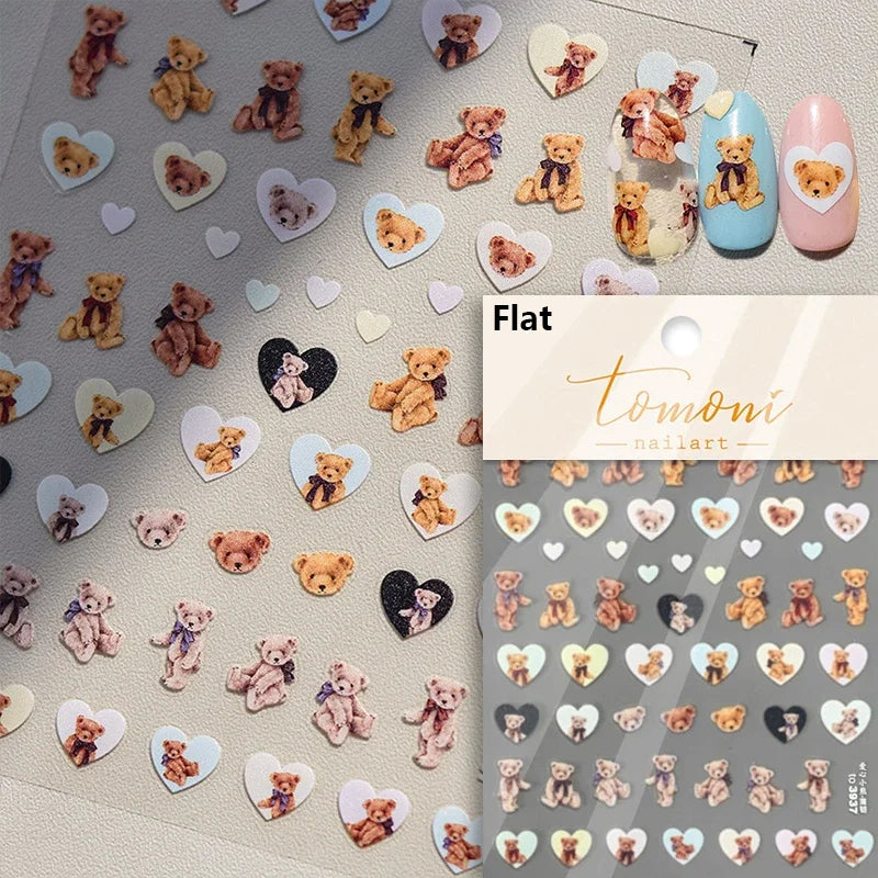 Retro Love Heart White Lace flower Bowknot Tie Pink Bear Flower Strawberry Adhesive Nail Art Stickers Rhinestone Manicure Decals (ONLINE ORDER ONLY)