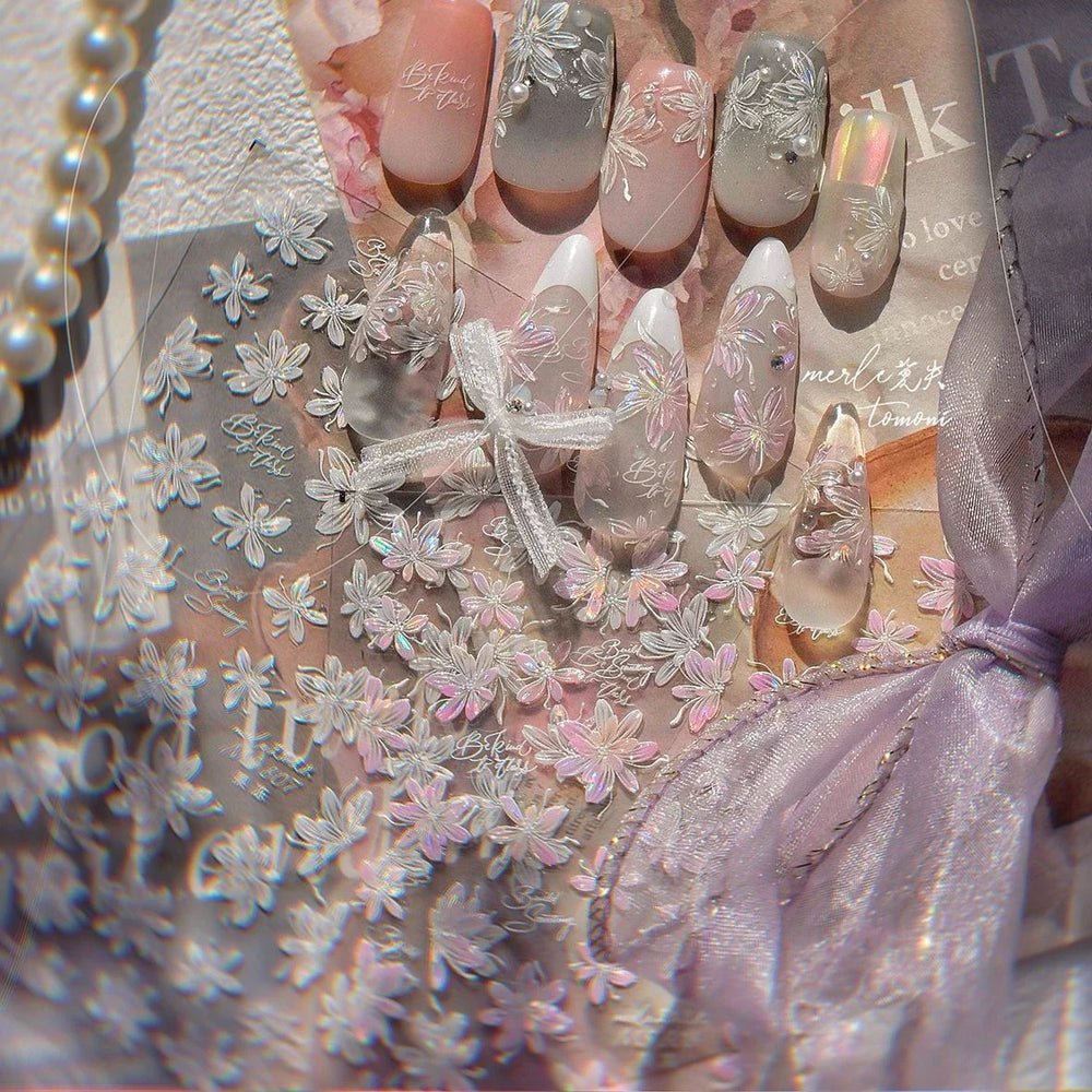 White Pink Flower Dreamy Romantic Petal Jelly Shiny Peach Blossom Polarized Light Delicate Nail Art Stickers 5D Manicure Decals (ONLINE ORDER ONLY)