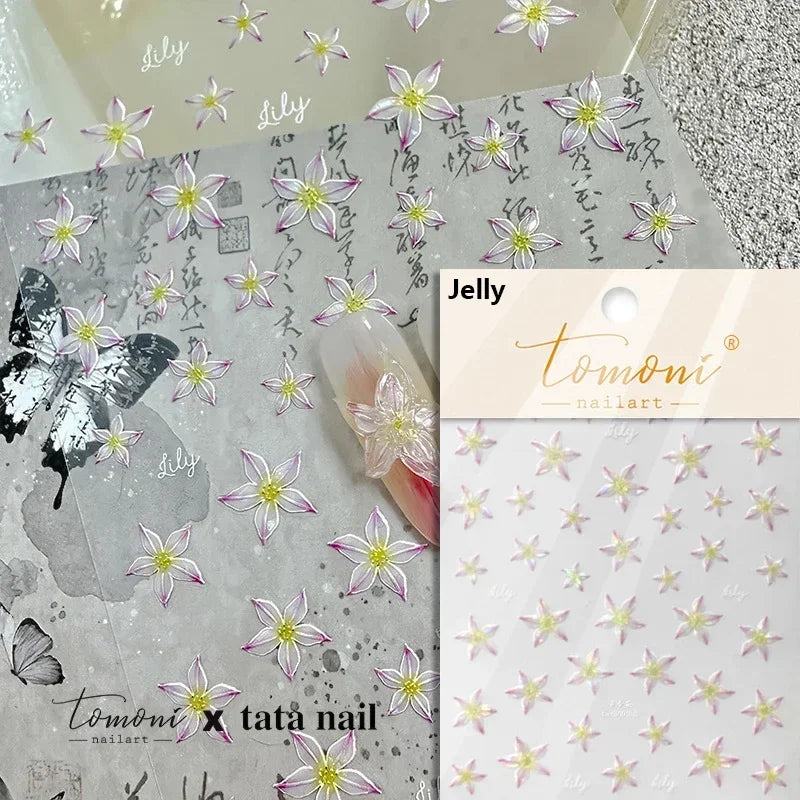 Gradient Coloredful Flower Petal Green Leaf Dreamy Shiny Chinese Rose Fantasy Relief Adhesive Nail Art Stickers Manicure Decals (Online Order Only)