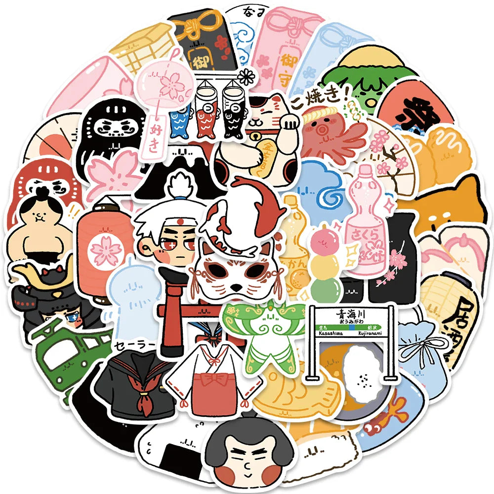 50Pcs Japanese Style Stickers Peace Amulet Carp Streamer Aesthetic Decals Graffiti Stickers Waterproof Skateboard Laptop Kid Toy (ONLINE ORDER ONLY)