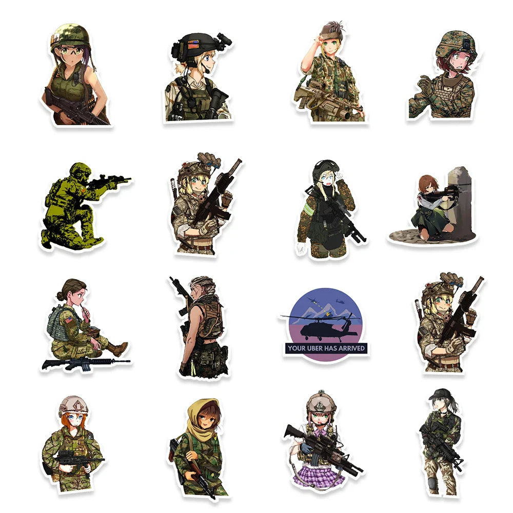 10/30/50pcs Anime Camouflage Female Military Uniform Girls Stickers Laptop Motorcycle Skateboard Phone Wall Sticker Kids Toys (ONLINE ORDER ONLY)