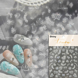 Dreamy Lace Rose Flower Fabric Art Tender Gauze Gird Pearl Pendant Irregular Pattern Nail Art Stickers Decoration Manicure Decal (ONLINE ORDER ONLY)