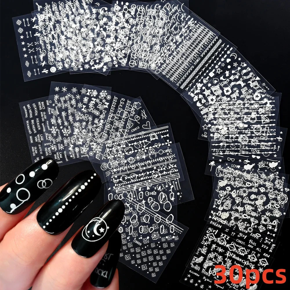 30Pcs/Set Red Golden 3D Nail Art Sticker Hot Stamping Hollow Decals Mixed Designs Adhesive Flower Nail Tips Letter Butterfly Set (Online Order Only)