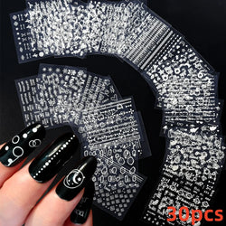 30Pcs/Set Red Golden 3D Nail Art Sticker Hot Stamping Hollow Decals Mixed Designs Adhesive Flower Nail Tips Letter Butterfly Set (Online Order Only)