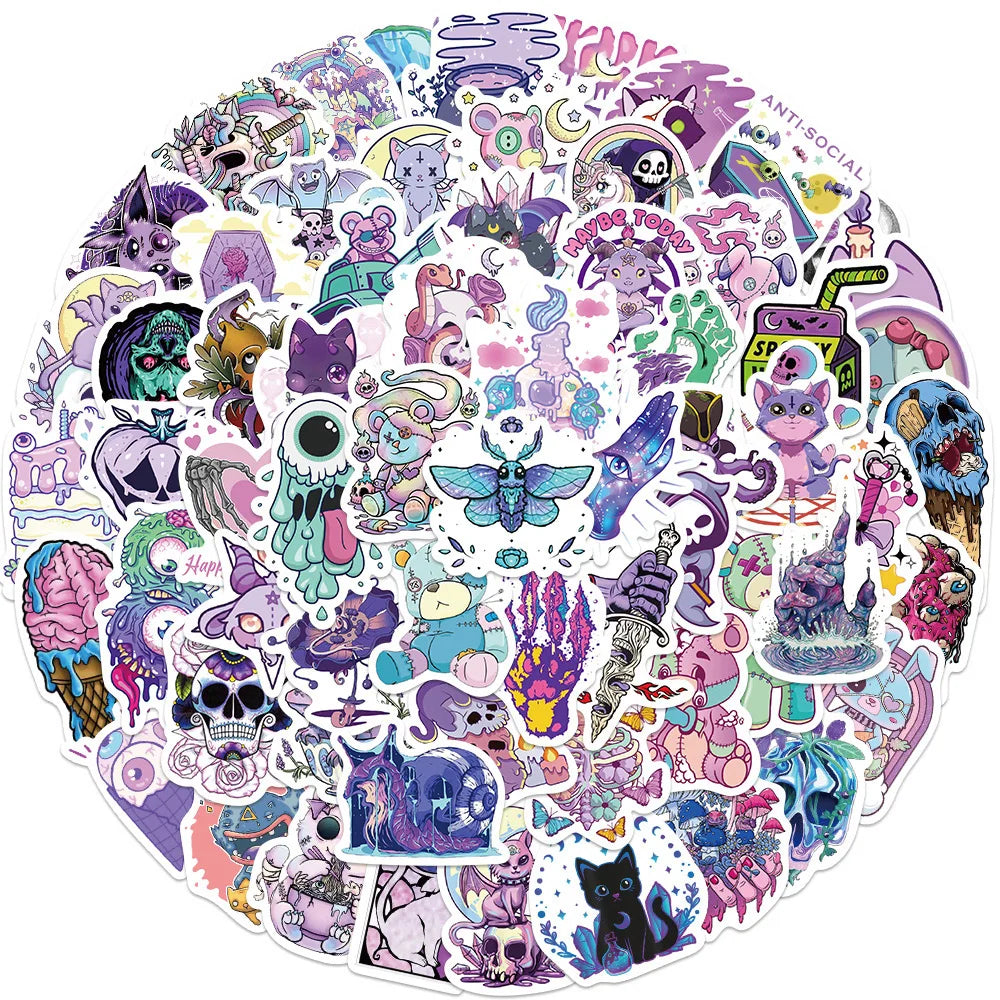 10/30/65PCS Cute Purple Gothic Halloween Skull Cartoon Sticker DIY Laptop Luggage Skateboard Graffiti Decals Fun for Toy Gift (ONLINE ORDER ONLY)