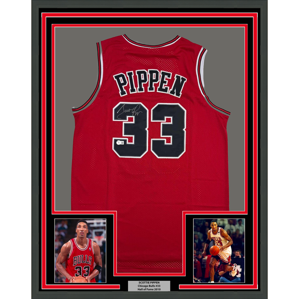 Framed Autographed/Signed Scottie Pippen 35x39 Chicago Red Basketball Jersey Beckett BSA COA
