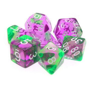 Violet Evergreen Translucent Purple/ Green Poly Dice Set with White (7) RPG DnD HdDice (Online Only)