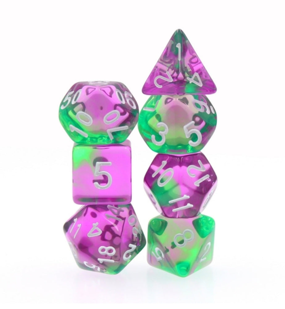 Violet Evergreen Translucent Purple/ Green Poly Dice Set with White (7) RPG DnD HdDice (Online Only)