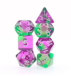 Violet Evergreen Translucent Purple/ Green Poly Dice Set with White (7) RPG DnD HdDice (Online Only)