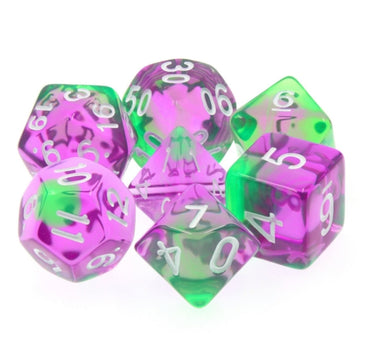 Violet Evergreen Translucent Purple/ Green Poly Dice Set with White (7) RPG DnD HdDice (Online Only)