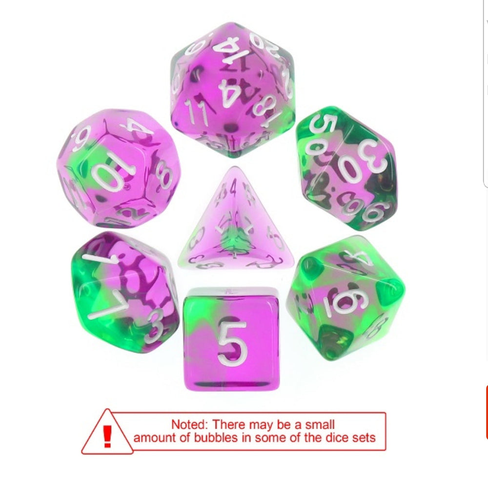 Violet Evergreen Translucent Purple/ Green Poly Dice Set with White (7) RPG DnD HdDice (Online Only)