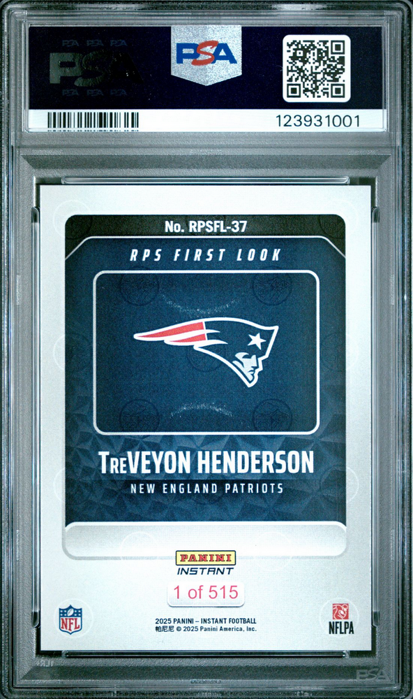 Graded 2025 Panini Instant TreVeyon Henderson #RPSFL37 RPS First Look Rookie RC Football Card PSA 10 Gem Mint (ONLINE ORDER ONLY)