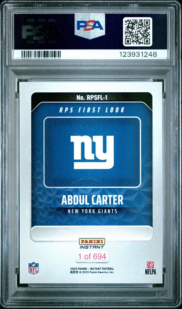 Graded 2025 Panini Instant Abdul Carter #RPSFL1 RPS First Look Rookie RC Football Card PSA 9 Mint (ONLINE ORDER ONLY)