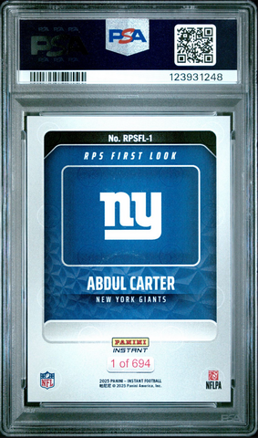Graded 2025 Panini Instant Abdul Carter #RPSFL1 RPS First Look Rookie RC Football Card PSA 9 Mint (ONLINE ORDER ONLY)