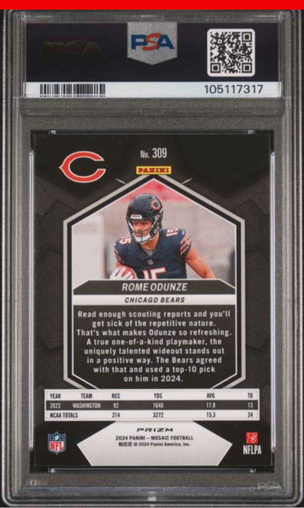 Graded 2024 Panini Mosaic Rome Odunze #309 Reactive Blue Rookie RC Football Card PSA 10 Gem Mint (ONLINE ORDER ONLY)