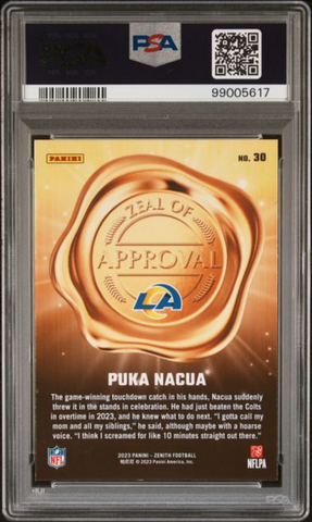 Graded 2023 Panini Zenith Puka Nacua #30 Zeal of Approval Rookie RC Football Card PSA 10 Gem Mint (ONLINE ORDER ONLY)