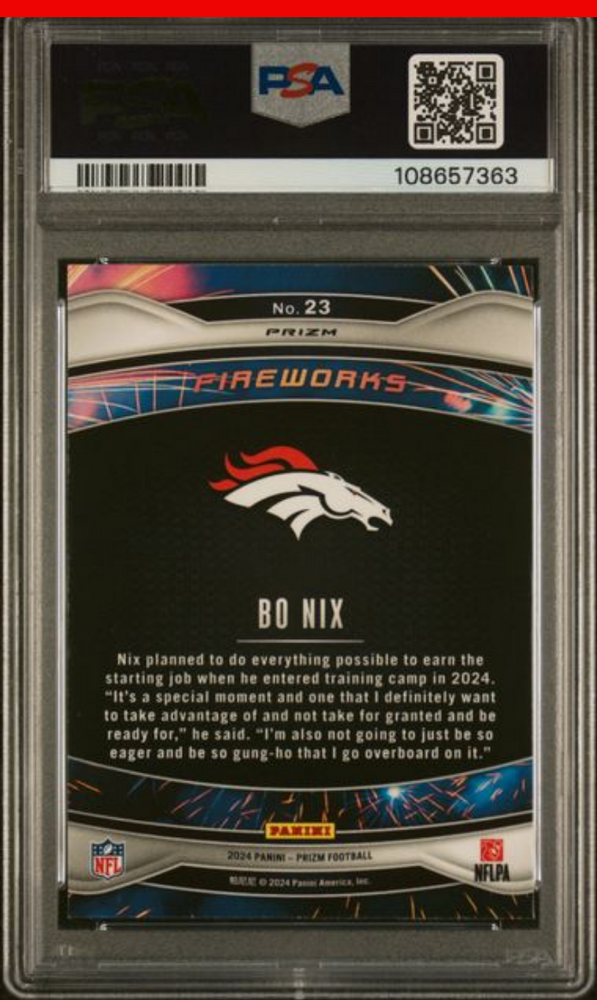Graded 2024 Panini Prizm Bo Nix #23 Fireworks Green Prizm Rookie RC Football Card PSA 10 Gem Mint (ONLINE ORDER ONLY)