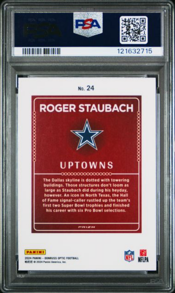 Graded 2024 Panini Donruss Optic Roger Staubach #24 Uptowns Football Card PSA 10 Gem Mint (ONLINE ORDER ONLY)