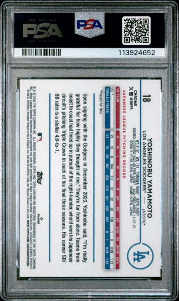 Graded 2024 Topps Chrome Yoshinobu Yamamoto #18 Rookie RC Baseball Card PSA 10 Gem Mint (ONLINE ORDER ONLY)