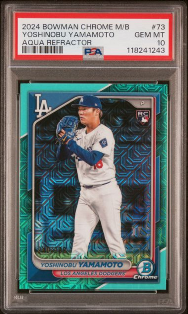 Graded 2024 Topps Bowman Chrome Mega Box Yoshinobu Yamamoto #73 Aqua Refractor Rookie RC Baseball Card PSA 10 Gem Mint (ONLINE ORDER ONLY)